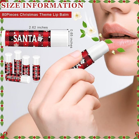 Sosation 80 Pcs Christmas Flavored Lip Balm Bulk Holiday Christmas Stocking Gift Set Celebrate Lip Balm Stick Beauty Lip Care