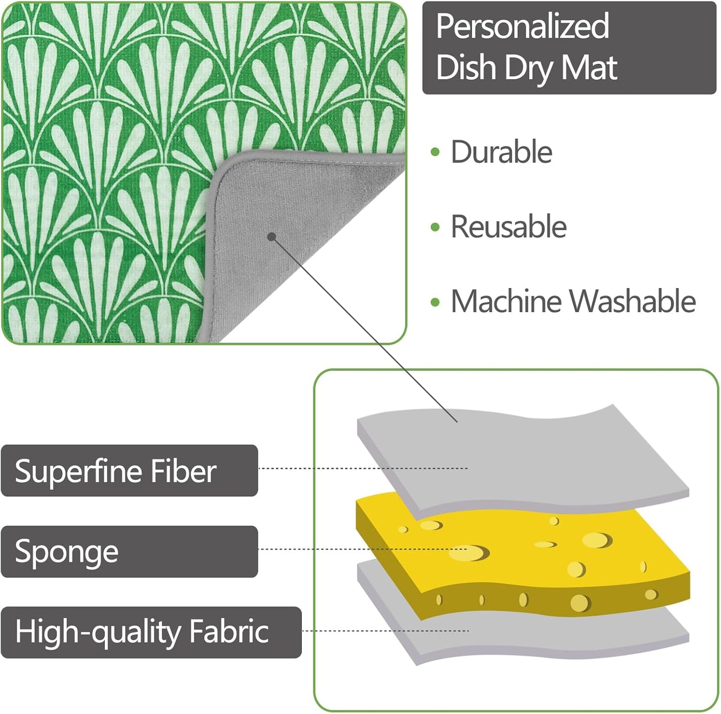 SHIYUE Dish Drying Mat for Kitchen Counter Super Absorbent Spring Kitchen Decor Microfiber Drying Matainers Rack Fast Pad Dish Drainer Mats(Bohe Green Flower,16''x18'')