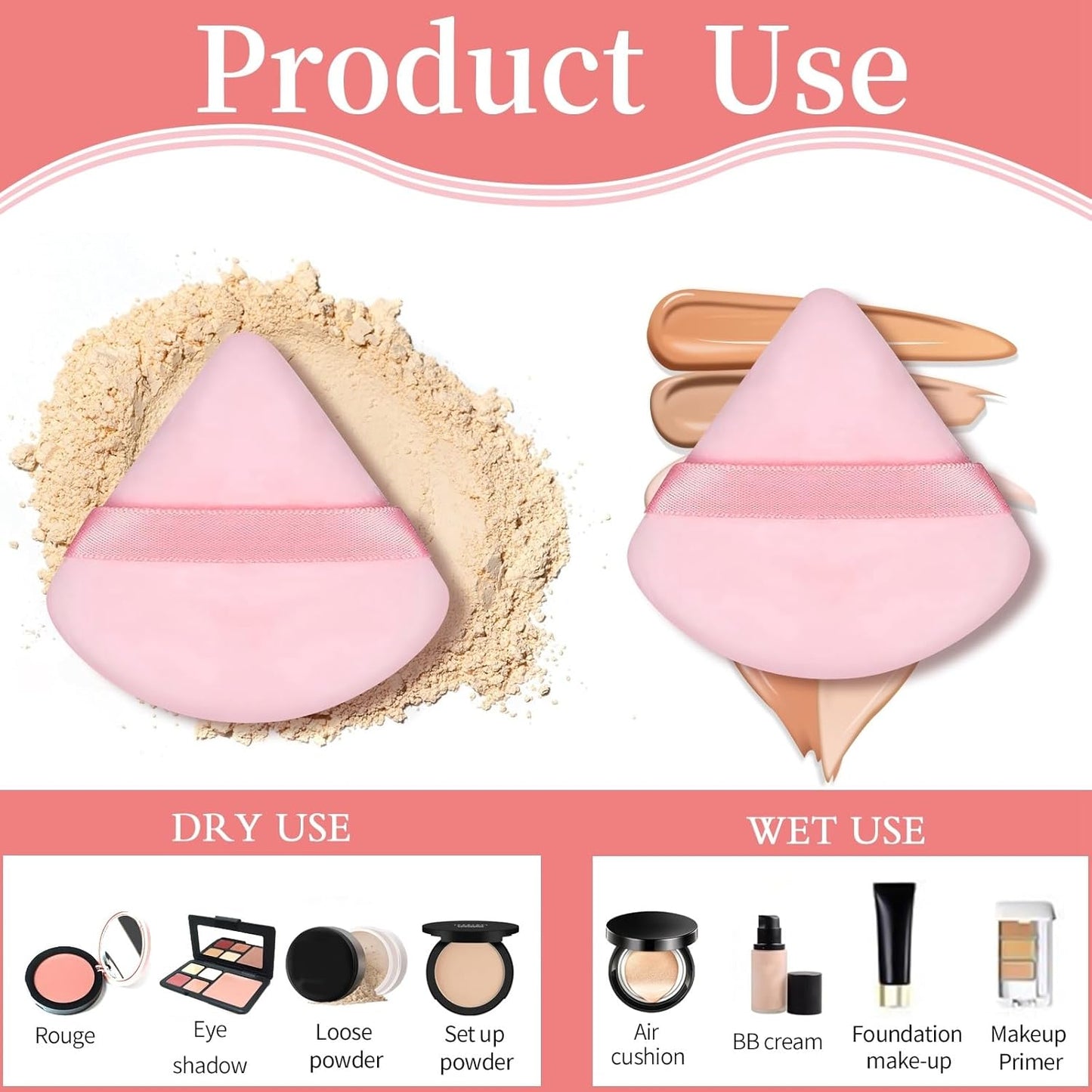 6 Pieces Pink Powder Puff Face Soft Triangle for Loose and Body Powder, Velour Makeup Sponge Set Setting Powder Puff Makeup Tools