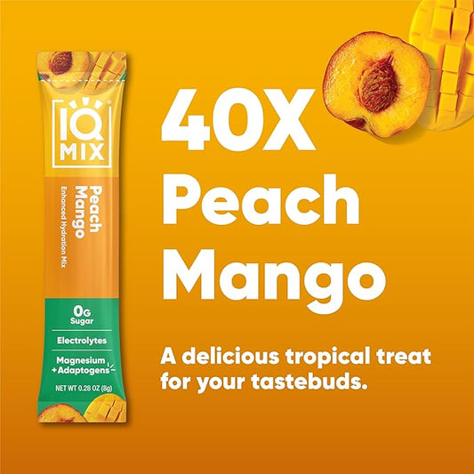 IQMIX Hydration Electrolyte Powder – 4-in-1 Formula for Hydration, Mental Clarity, Mood and Recovery – Sugar-Free Drink Mix, Keto, Magnesium L-Threonate, Lion’s Mane – 40 Count Peach Mango