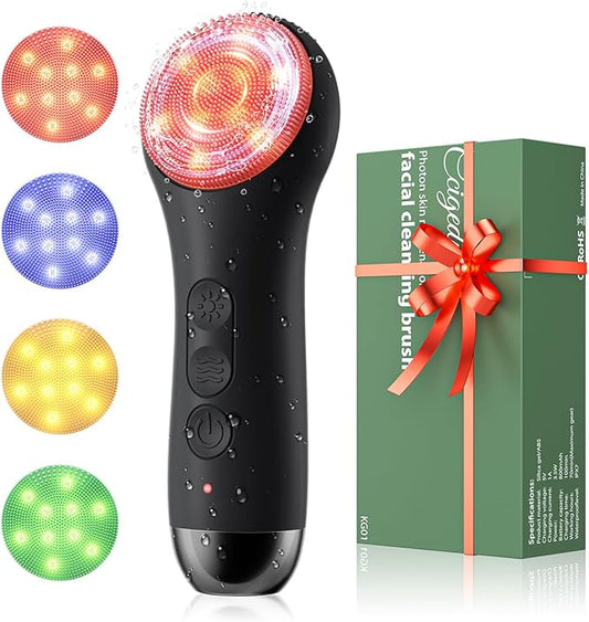 Facial Cleansing Brush: Rechargeable LED Electric Face Cleansing Brush with 4 Gentle Light Liquid Silicone Modes Face Scrubber Exfoliator,IPX7 Waterproof Ideal Gift for Men and Women-Black