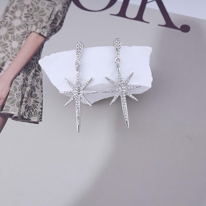 Vintage Crystal Northstar Dangle Earrings Rhinestone Northstar Studs Earrings Gold Cz Star Drop Earrings Sparkly Cz Starburst Earrings Jewelry for Women
