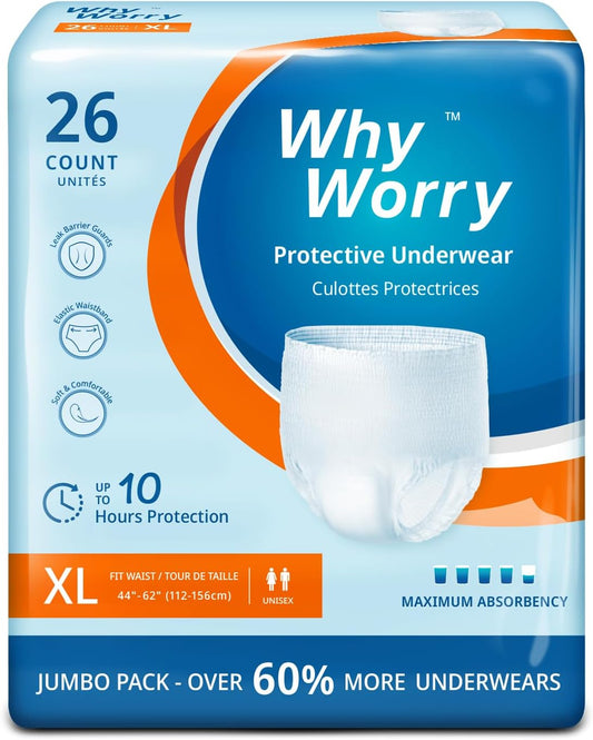 WhyWorry Incontinence Underwear for Women and Men, Disposable Adult Pull Ups with Overnight Absorbency, Leakproof, Unisex, XLarge, 26 Count