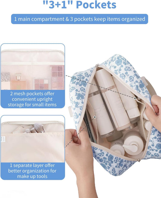 Narwey Full Size Toiletry Bag Women Large Cosmetic Bag Travel Floral Makeup Bag Organizer Medicine Bag for Toiletries Essentials Accessories (Little Blue Flower,Large)