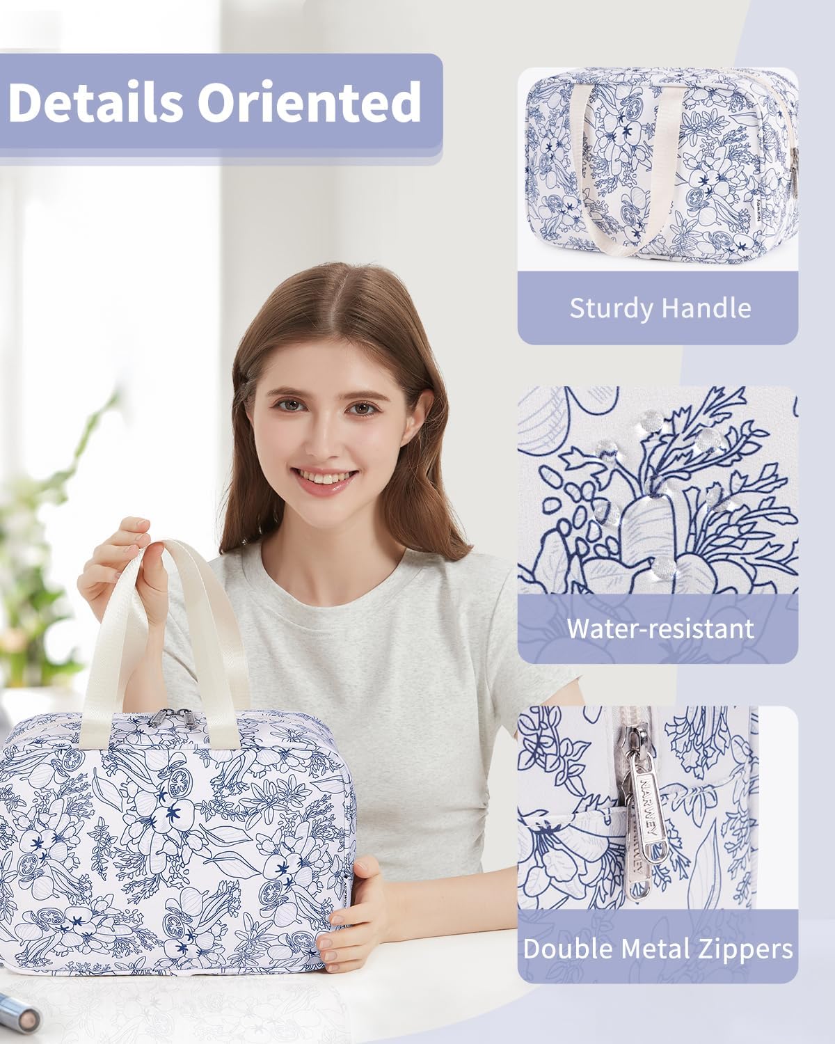 Full Size Toiletry Bag Women Large Cosmetic Bag Travel Makeup Bag Organizer Medicine Bag for Toiletries Essentials Accessories (Navy Blue Flower, Large)