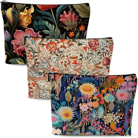 3pcs Colorful Flower Makeup Bag, Abstract Botanical Flower Cosmetic Bag, Christmas Wedding Anniversary Birthday Friendship Gifts for Women Girls Best Friends Sister Bestie Grandma Travel Toiletry Bag