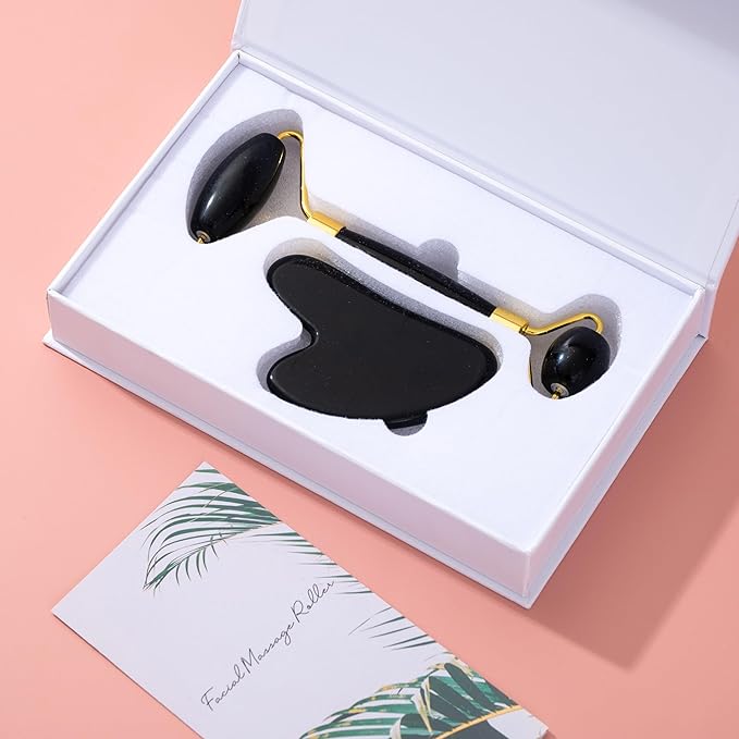 Yssarea Obsidian Roller and Gua Sha - Face Roller | 100% Natural Obsidian Stone Set | Dual Sided Face Massager | Reduces Signs of Aging, Black