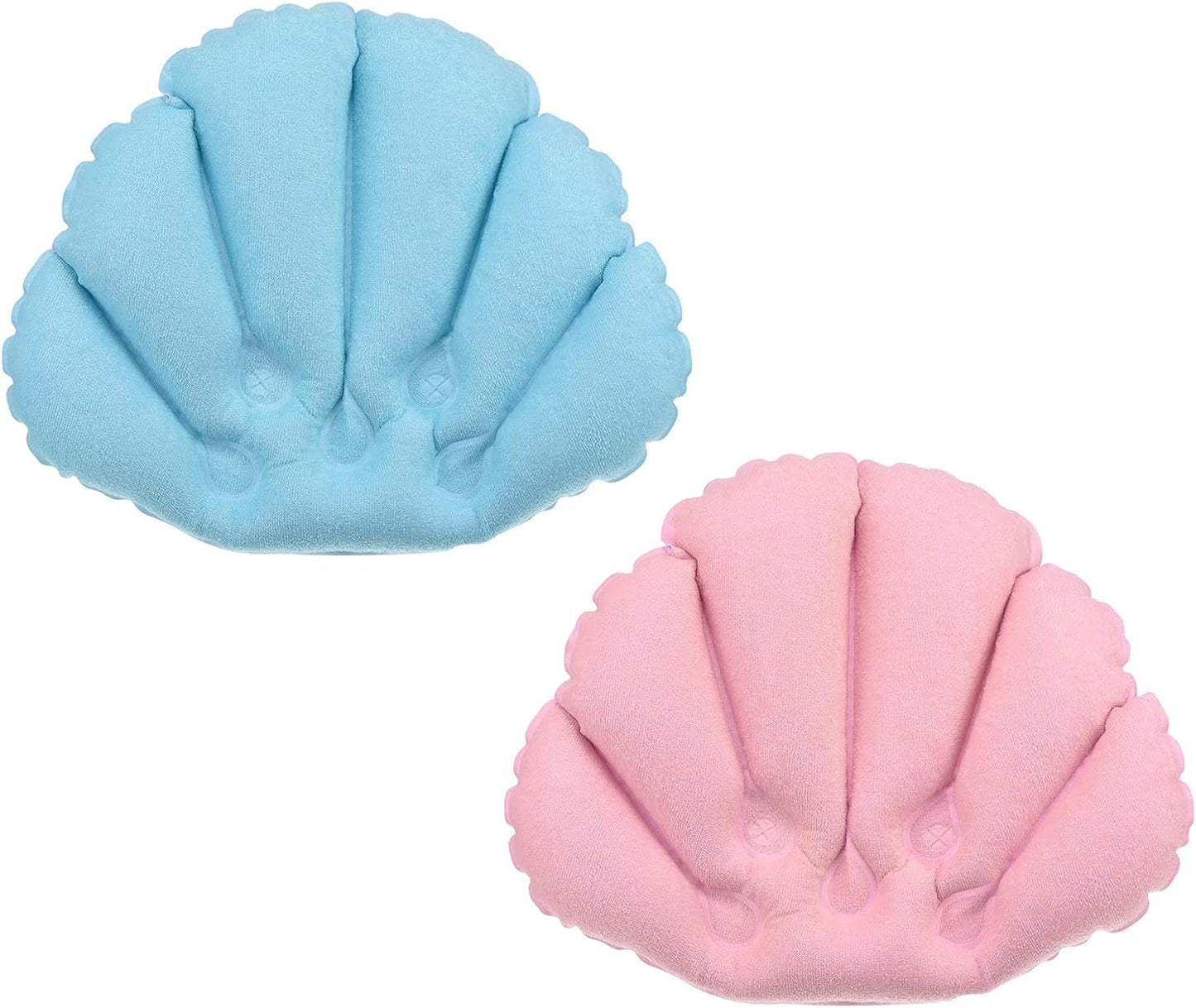 PATIKIL Inflatable Bath Pillow with Suction Cups, 2 Pack Terry Cloth Covered Shell Shape Soft Bath Spa Cushion Neck Support for Bathtub Hot Tub (Blue, Pink)