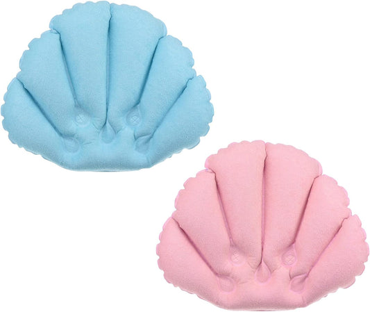 PATIKIL Inflatable Bath Pillow with Suction Cups, 2 Pack Terry Cloth Covered Shell Shape Soft Bath Spa Cushion Neck Support for Bathtub Hot Tub (Blue, Pink)