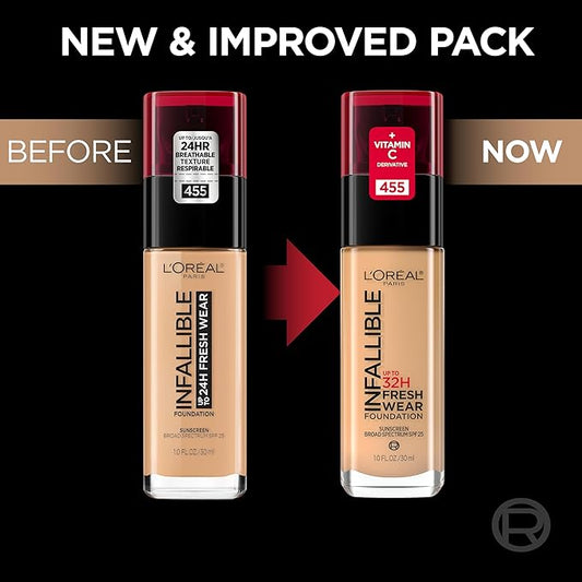 L'Oreal Paris Makeup Infallible Up to 32 Hour Fresh Wear Lightweight Foundation, 488 Caramel, 1 Fl Oz, Packaging May Vary