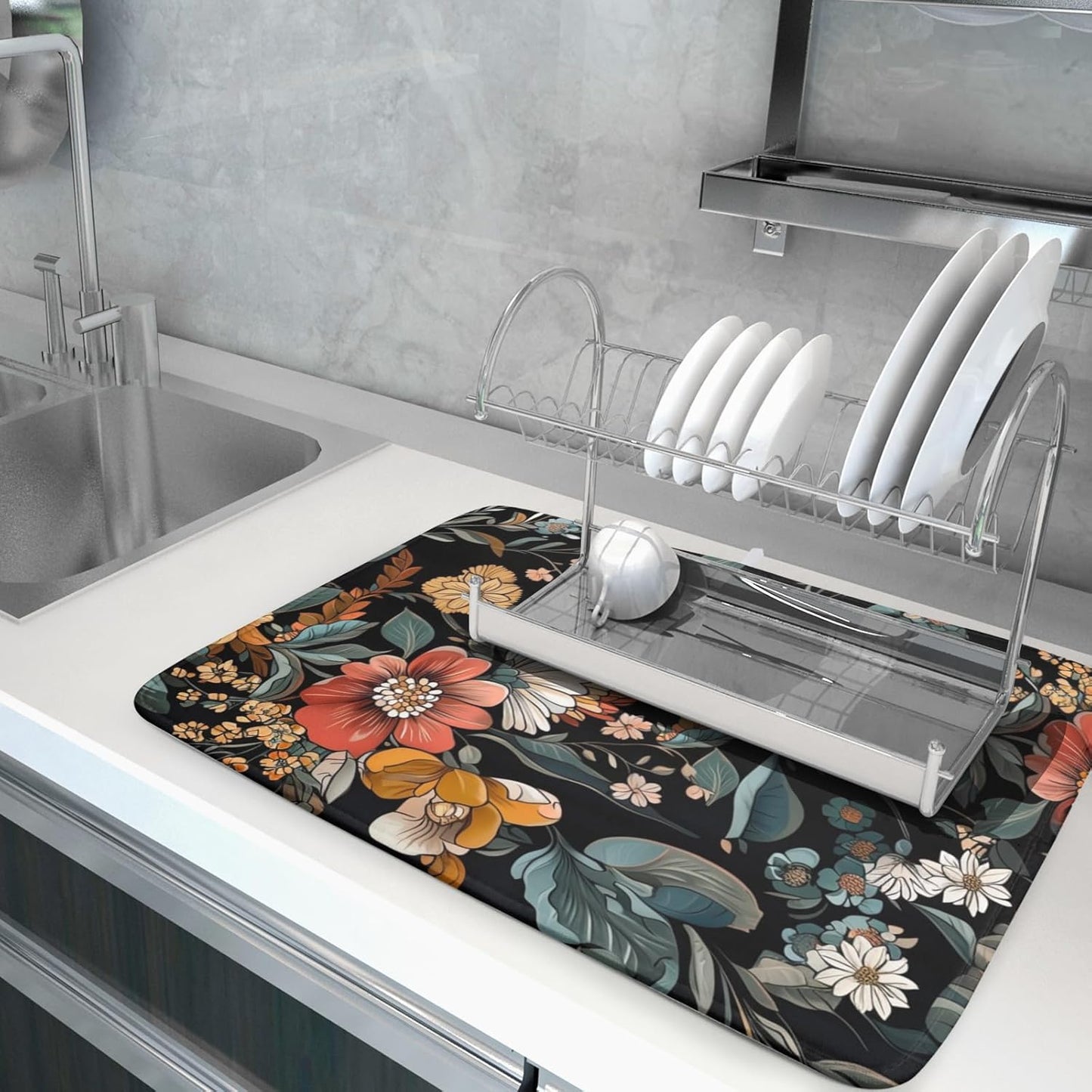 Vintage Floral Dish Drying Mat 18x24 inch Boho Flower Drainer Mats Fast Dry Absorbent Washable Dish Rack Pad Protector Kitchen Accessories