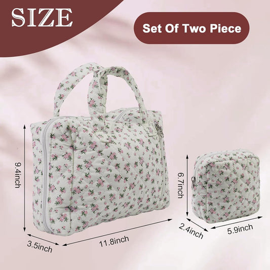 Cute Quilted Floral Makeup Bag(2Pcs)，Coquette Aesthetic Cosmetic Bag，Travel Toiletry Bags， Kawaii Aesthetic pouch for Women (12-Pink)