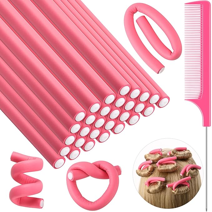 Syhood 30 Pcs 7'' Flexible Curling Rods Twist Foam Hair Rollers Soft Foam No Heat Hair Rods Rollers and 1 Steel Pintail Comb Rat Tail Comb for Women Long Short Hair(Pink,7 x 0.47 Inch)