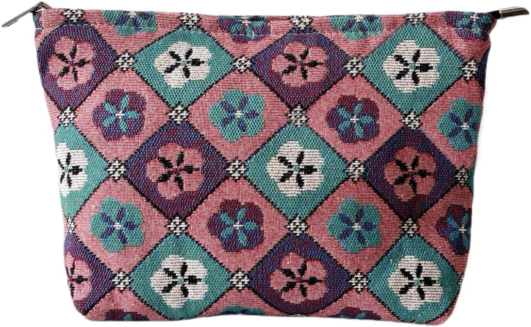 Diamond-shaped Flower Makeup Bag for Women, Canvas Cosmetic Bag with Zipper Lining, Travel Makeup Pouch for Purse, Small Pouch for Toiletry, Cosmetic, Sunscreen, Hygiene, Skincare, Medicine, Sunblock