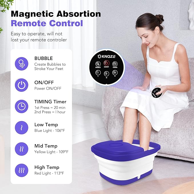 Collapsible Foot Spa with Heat, Remote Control, Temperature Control, Bubbles, Pumice Stone, Red Light, Timer, 16 Massage Roller Pedicure Foot Bath Tub Foot Soaker for Feet Stress Relief, Purple