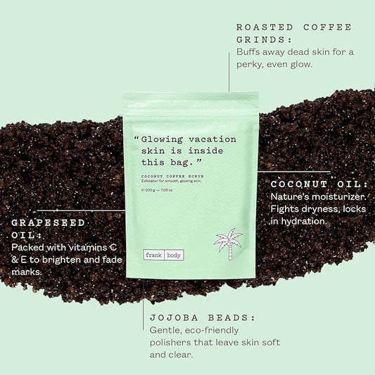 Frank Body Coconut Coffee Scrub | Natural, Vegan, Cruelty Free Exfoliating Body Scrub Firms, Tones, and Brightens with Coffee Grinds, Grapeseed Oil, Coconut Oil, and Jojoba Beads | 7.05 oz / 200 g