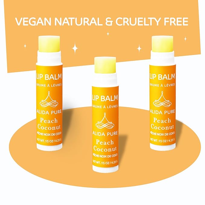 Peach Coconut Lip Balm Collection, Vegan Lip Balm Set, Lip Balm, Beeswax Free, with Avocado Oil, Organic Jojoba Oil, and Vitamin E, Natural Moisturizer for Dry, Chapped Lips, 3 Tube Set