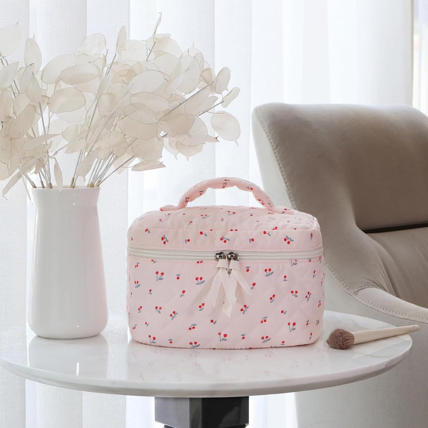 Prite Large Cosmetic Bags for Women Cute Makeup Bag Floral Coquette Aesthetic Toiletry Bag Travel Make Up Organizer Bag (Cherry)