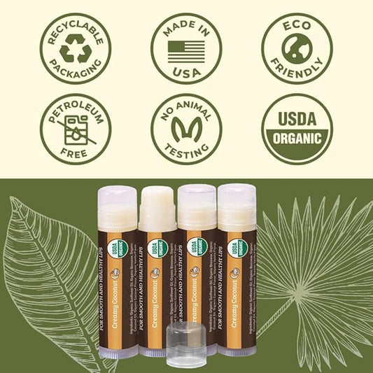 USDA Organic Lip Balm 4-Pack by Earth's Daughter - Creamy Coconut Flavor, Beeswax, Coconut Oil, Vitamin E - Best Lip Repair Chapstick for Dry Cracked Lips