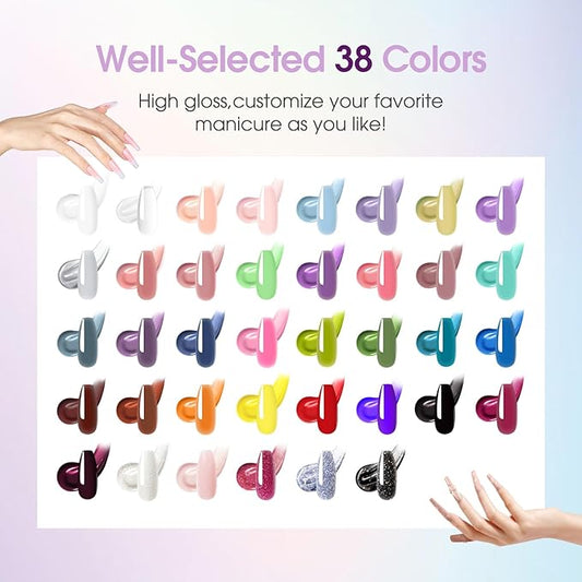 ROSALIND 38PCS Poly Nail Gel Kit with Mini Nail Lamp Neon Blue Poly Extension Gels Kit Hot Pink Nude Poly Nails Set