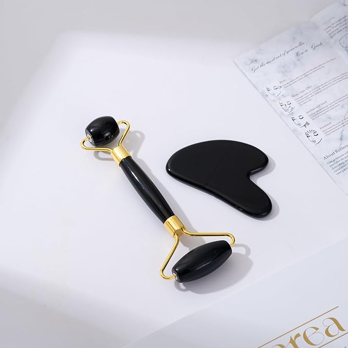 Yssarea Obsidian Roller and Gua Sha - Face Roller | 100% Natural Obsidian Stone Set | Dual Sided Face Massager | Reduces Signs of Aging, Black