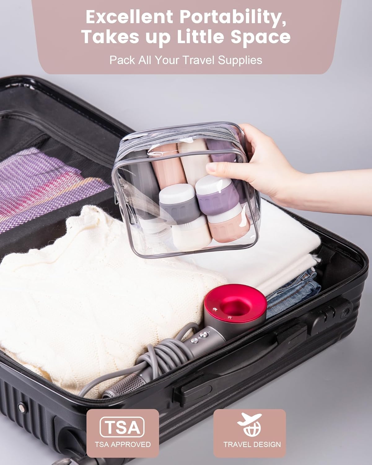 Travel Bottles for Toiletries 8 Pack, Travel Size Toiletries, Tsa Approved Travel Size Containers 3oz, with Travel Essentials Clear Bag, Leak Proof Silicone Squeezable Creams Jars