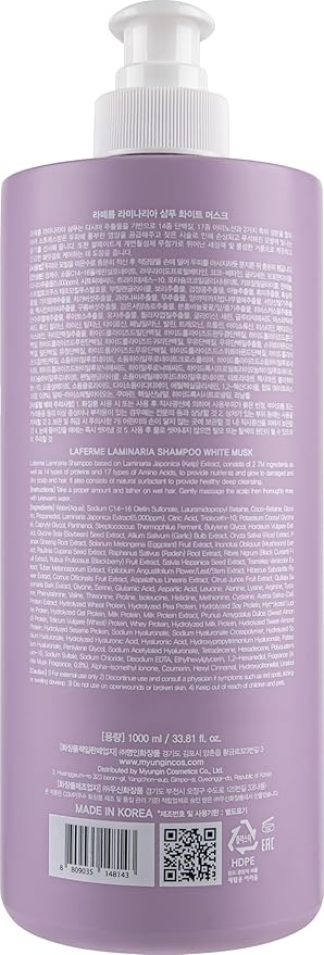 laferme Laminaria Shampoo with Organic Ingredient, Korean Clarifying Shampoo, Hydrating for Dry Hair, Strengthening for Weak Hair, Sulfate & Paraben-Free, for Women & Men, 33.8 FL OZ, White Musk