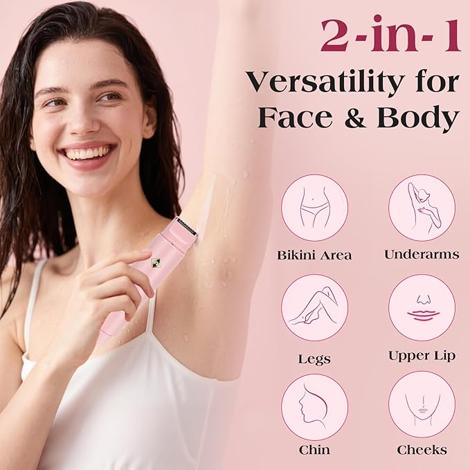 Electric Shaver & Bikini Trimmer for Women – 2-in-1 Design, Waterproof, Type-C Charging, Gentle on Sensitive Skin, Ideal for Travel and Daily Use, Pink