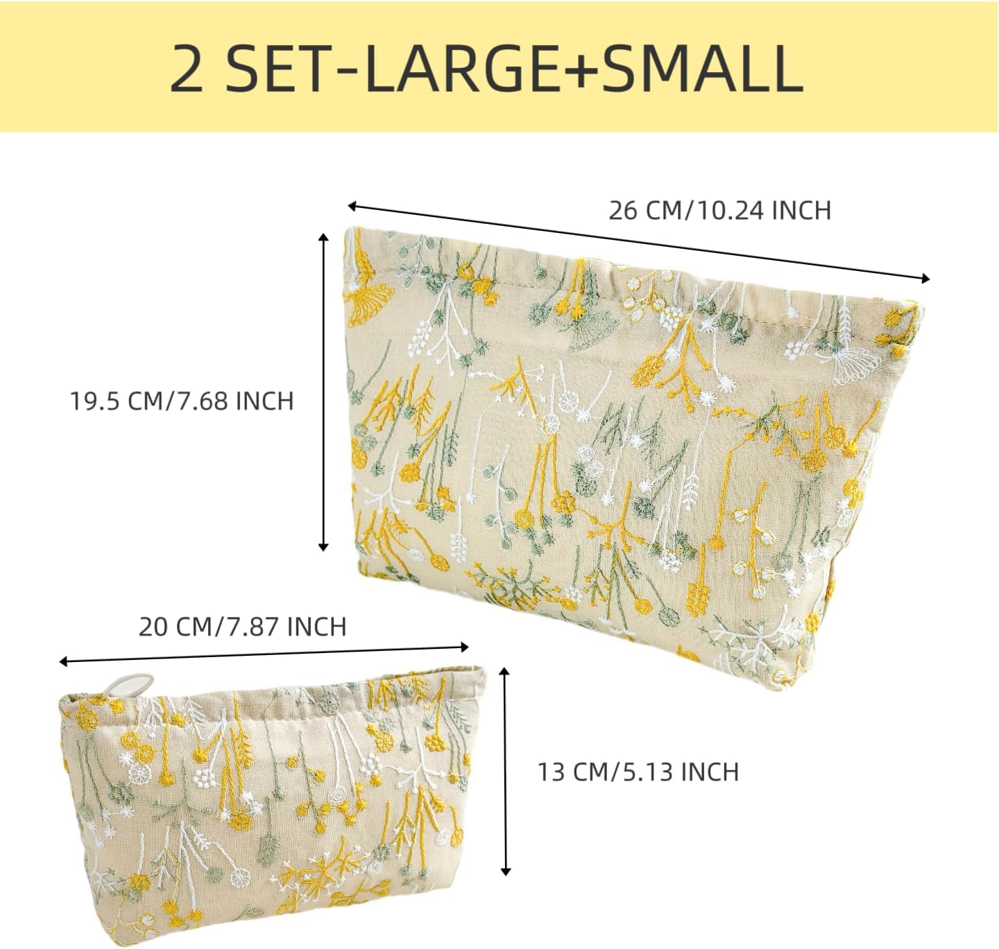 2 Pcs Makeup Bags, Large Cosmetic Bag Travel Toiletry Bag Organizer for Women, Embroidery Craft, Floral Makeup Bag Small Cosmetic Pouch Purse with Zipper Gifts for Girls Teen