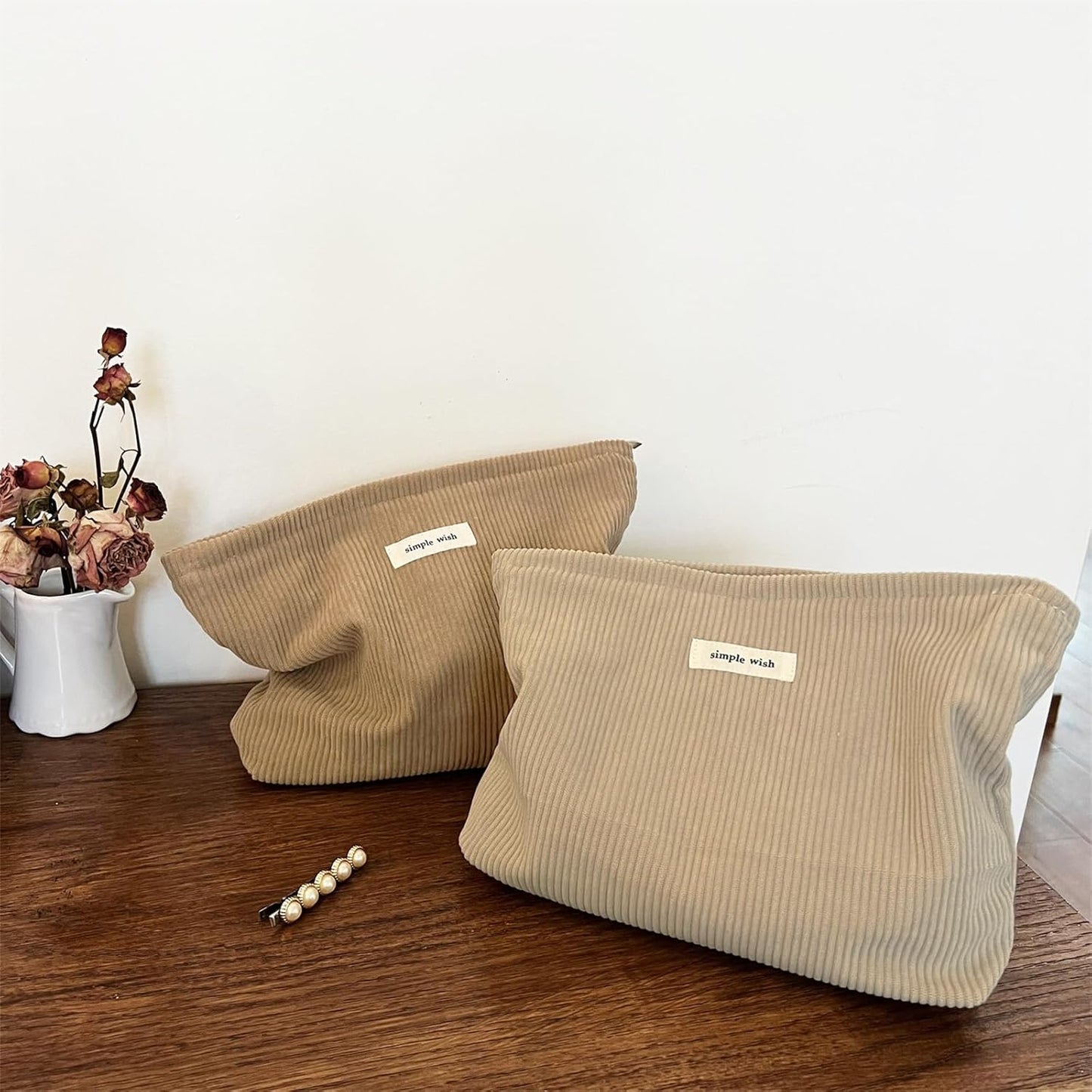 Wudygirl Makeup Bag Corduroy Cosmetic Bag for Women Large Capacity Makeup Pouch Travel Toiletry Bag Portable Make-up Organizer Zipper Handbag Pouch (Khaki)