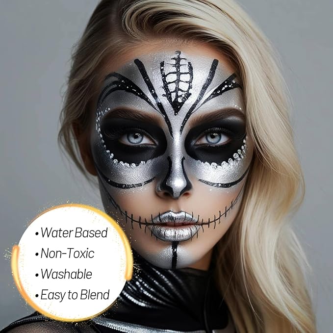 Sliver Water Based Face Body Paint, 2.37 OZ Large Tube Full Coverage Face Paint for Skull Goth Cosplay, Washable Metallic Silver Body Painting Cream for Adult Carnival Halloween SFX Makeup