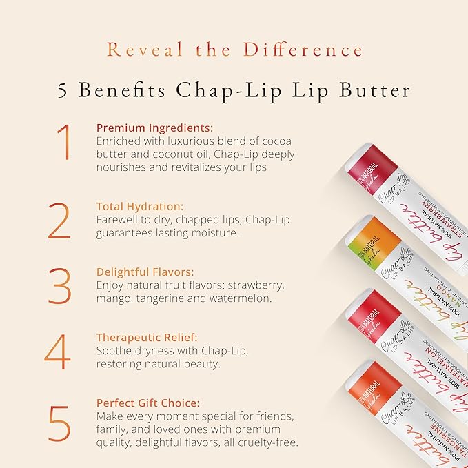 CHAP-LIP 100% All Natural Lip Balm Hydrating Bulk Chap Stick with Fruit Flavors, Coconut Oil, and Cocoa Butter - Lip Therapy Pack for Men and Women - Gift Set Made in the USA, 24 Pack
