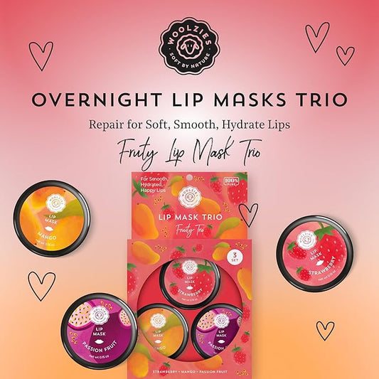 Overnight Lip Sleeping Masks Trio - Set of 3 All Natural Hydrating Lip Treatment - Overnight Repair for Soft, Smooth, Hydrated Lips (3 Pack, Fruity Trio)