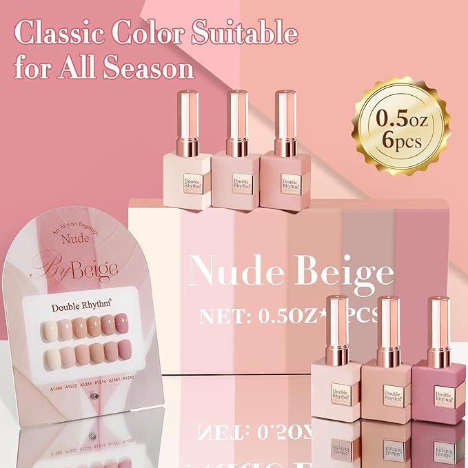 Double Rhythm 6 Pcs 15 ML Gel Polish Set Same Color Same Bottle Soak Off Gel Polish Kit Nail Art Manicure Salon DIY at Home for Women (Light Beige Nude Pink Neutral Rose-T6-4)