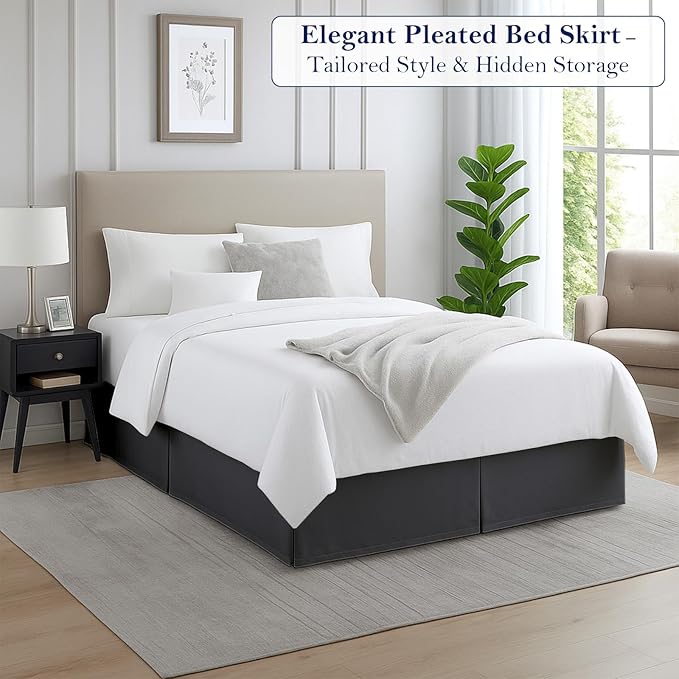 King Bed Skirt, Luxury 16 Inch Drop Dark Grey Pleated Bed Skirt, Double Brushed Microfiber, Box Pleat Design, Wrinkle & Fade Resistant, Easy Fit Tailored Bedskirt for King Size Beds