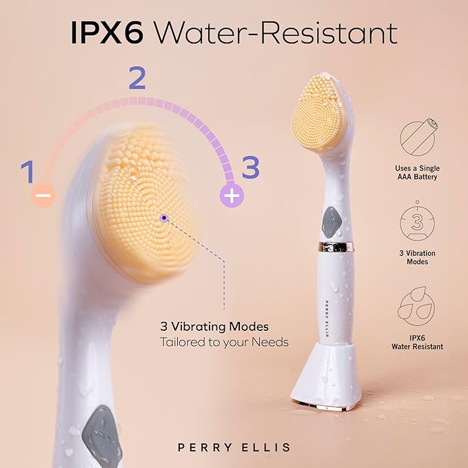 Perry Ellis 3-in-1 Beauty Brush with Silicone Face Cleanser, Makeup Applicator, and Metallic Eye-Massaging Plate, IPX6 Water-Resistant Electric Skincare Accessory with 3 Vibrating Modes and Stand