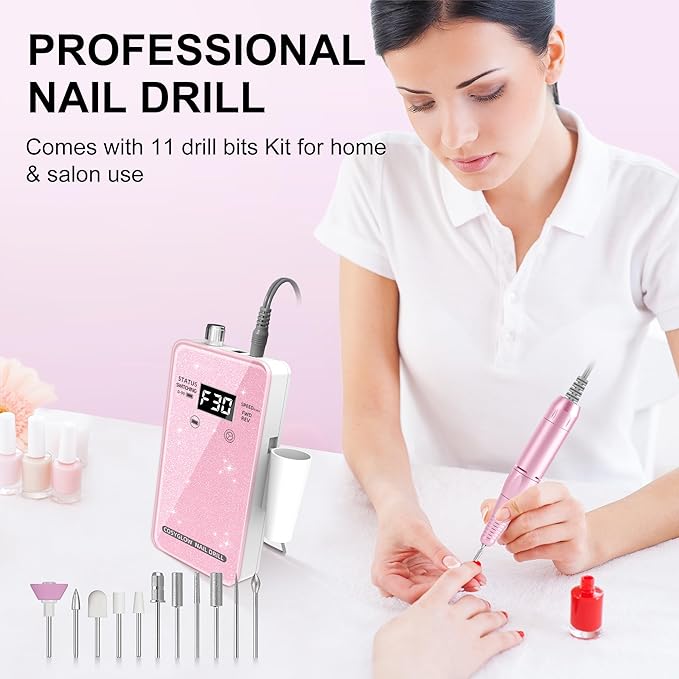 Professional Electric Nail Drill File:COSYGLOW Glitter Portable Cordless E-File Nail Drill Kit with 11 Drill Bits,30000 RPM Rechargeable Nail Drills Machine for Acrylic Nails Gel Polishing (Pink)