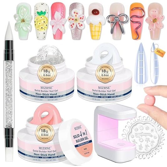 MIZHSE Solid Builder Gel Nail Kit with Nail Lamp, 3 Colors Builder Gel Clear Milky White Nude Hard Sculpting 3D Art U V LED Gels with Dual Form