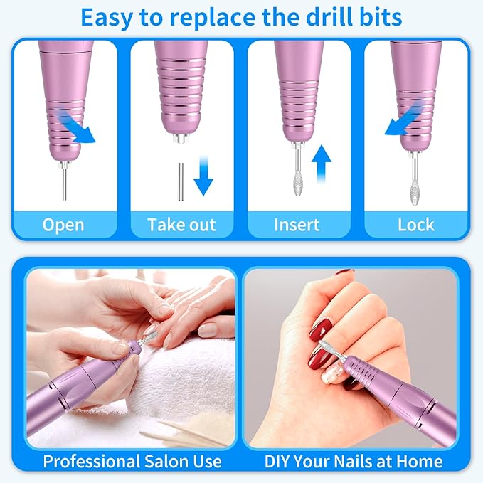 Portable Nail Drill Professional 35000 RPM, MOCOWIND Rechargeable Electric Nail File Machine for Acrylic Nails Gel Polishing Removing, Cordless E-File with Bits for Manicure Salon Home, Blue & Purple