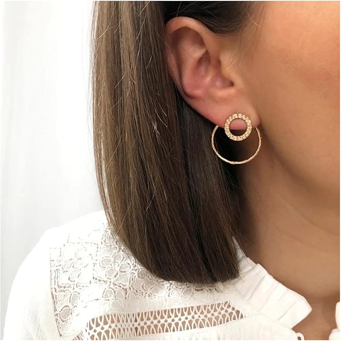 Vintage Crystal Circle Ear Jacket Earrings CZ Hollow Circle Hoop Earrings Gold Circle Earrings Minimalist Geometric Circle Stud Earrings Jewelry for Women