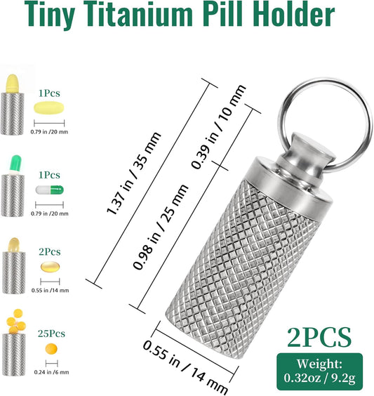 Keychain Pill Holder (2 Pack), Titanium Minsize Waterproof Pill Container/Case for Purse or Pocket, Portable Small Pill Box Organizer Pill Fob Medicine for Outdoor Travel Camping