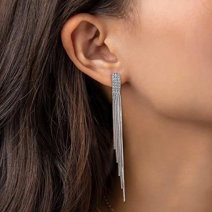 Vintage Rhinestone Dangle Earrings Gold Sleek Chain Drop Earrings Crystal Long Chain Tassel Earrings Sleek Metal Chain Earrings Jewelry for Women