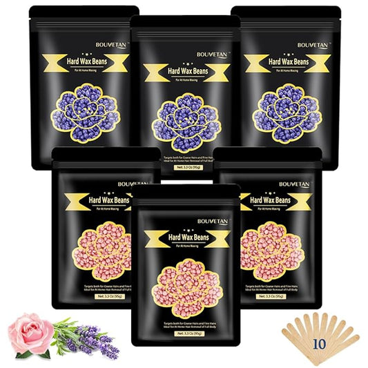 Wax Beads for Hair Removal, 1.3Lb/21oz Hard Wax Beans for Eyebrow, Face, Bikini, Legs, Arms, Full Body Waxing with 10pcs Wax Spatulas, 6 Packs