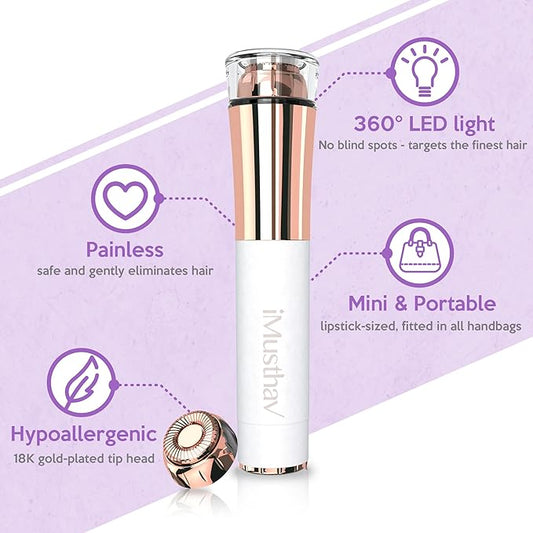 Portable Facial Hair Remover for Women – Painless, Fast & Precise Flawless Electric Razor & Epilator for Face, Lips, Chin Hair Removal – 18K Gold-Plated, 360° LED Light