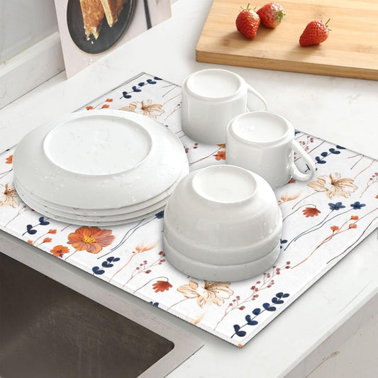 Watercolor Orange Floral Dish Drying Mat for Kitchen Counter Washable Absorbent Reversible Microfiber Orange Flower Decorative Drying Pad Kitchen Accessories 16"x18"