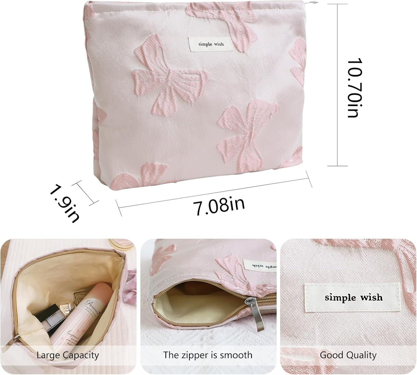 Wudygirl Makeup Bag for Women Large Capacity Cosmetic Bag with Zipper Cute Pink Bow Travel Pouch & Handbag Suitcase Makeup Organizer Aesthetic (Big Pink Bow)