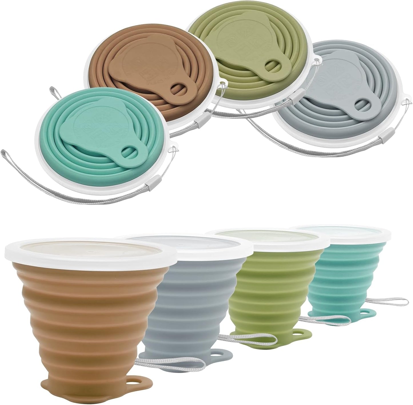 Litoexpe 4 Pack Silicone Collapsible Travel Cup Portable Folding Camping Cup Sets with Lids, Mint Green & Light Gray & Mustard Yellow & Light Brown, Capacity 9.22oz (270ml)