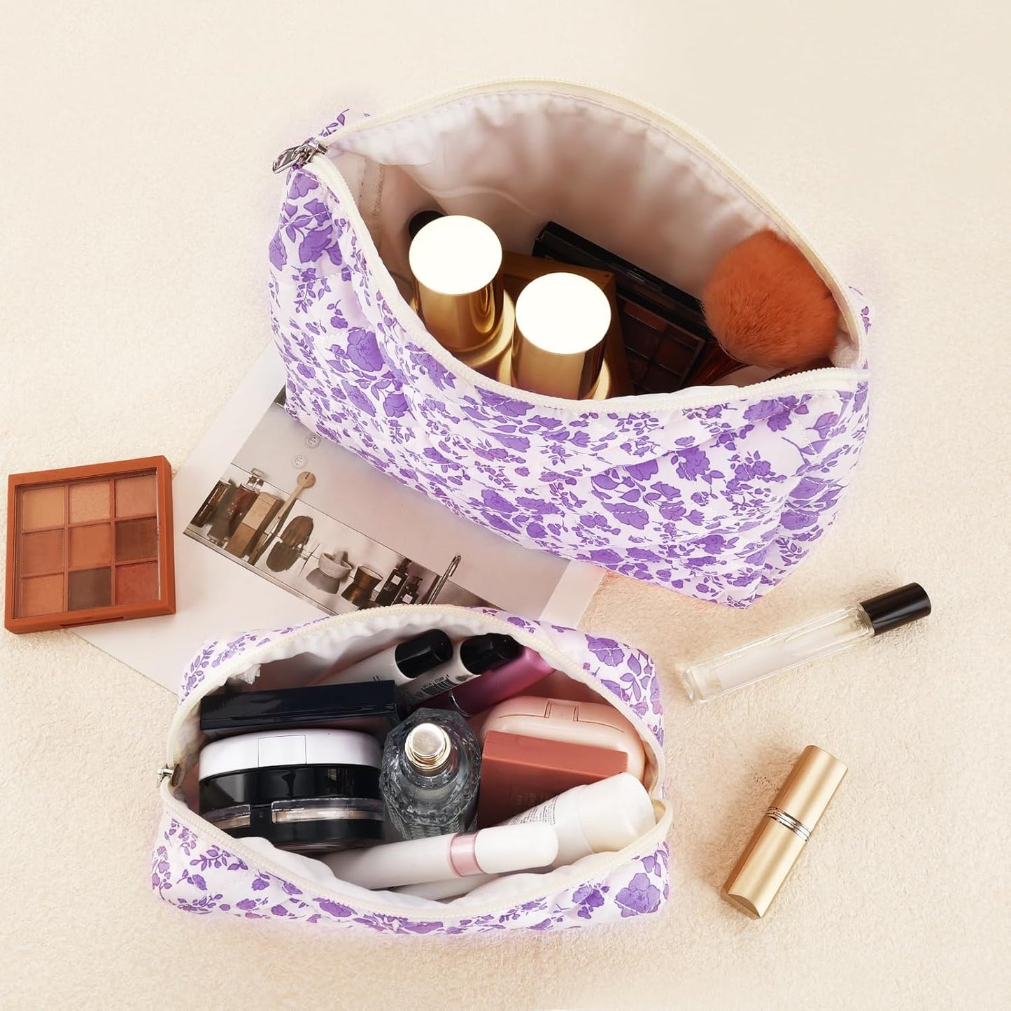 2Pcs Quilted Makeup Bag Set Flower Cute Pencil Case Large Small Travel Makeup Pouch Set for Women Coquette Makeup Bag Aesthetic Cotton Cosmetic Bag Purple Toiletry Organizer Storage Bag Zipper Pouch