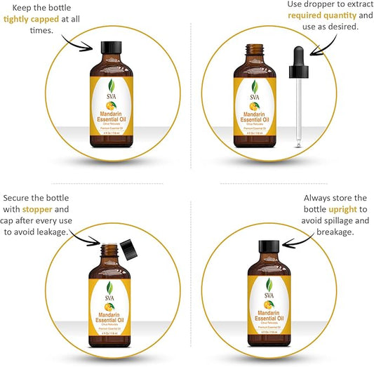 SVA Mandarin Essential Oil – 4 Fl Oz – 100% Natural Mandarin Oil - for Diffuser, Hair Care, Face, Skin Care, Aromatherapy, Scalp and Body Massage, Soap and Candle Making – with Dropper
