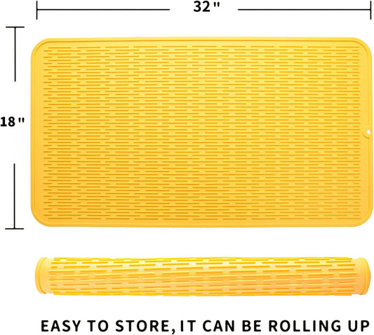 Silicone Dish Drying Mat for Multiple Usage,Easy clean,Eco-friendly,Heat-resistant Silicone Mat for Kitchen Counter or Sink,Refrigerator or Drawer Liner Yellow 4XL 32 inches x 18 inches